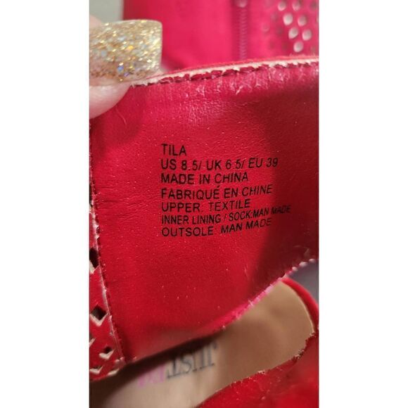JustFab Tila, Vegan Suede Red  Peep Toe and Heel Side Zip Ankle Bootie, 8.5 - Picture 8 of 8